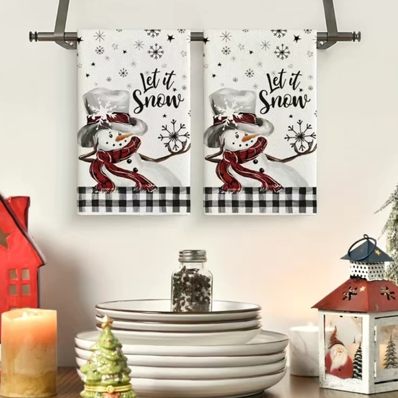 2pc Hand Towels Christmas Holiday Black & White Checkered Snowman Kitchen Towels - Picture 2 of 9